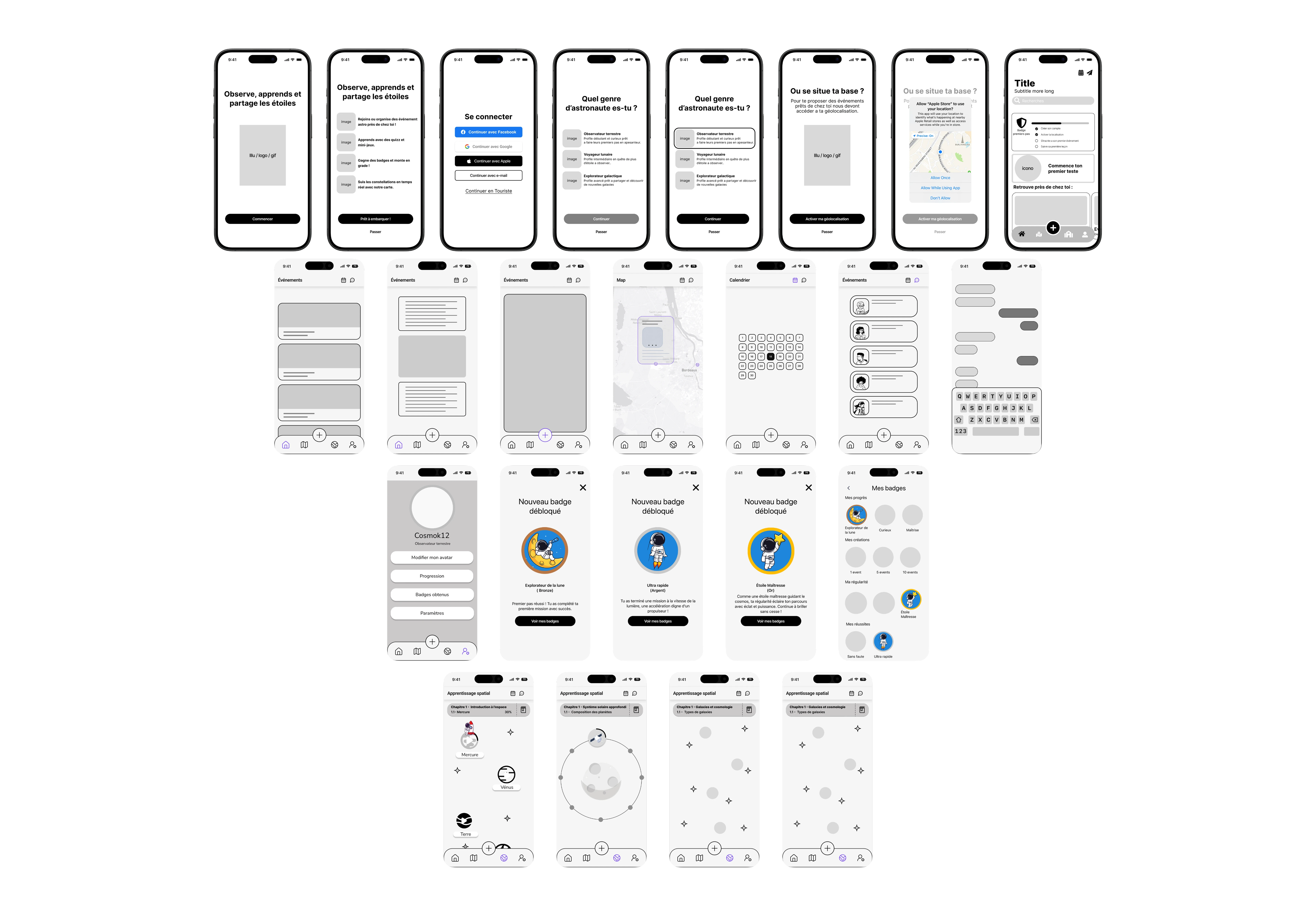 Conception structurelle : Wireframes de l'onboarding et des pages principales, permettant de valider la hiérarchie visuelle et l'ergonomie des parcours avant l'étape de design haute fidélité.