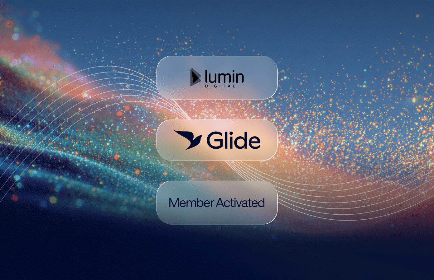 Abstract hero image showing a dynamic wave of orange and blue particles on a gradient background.