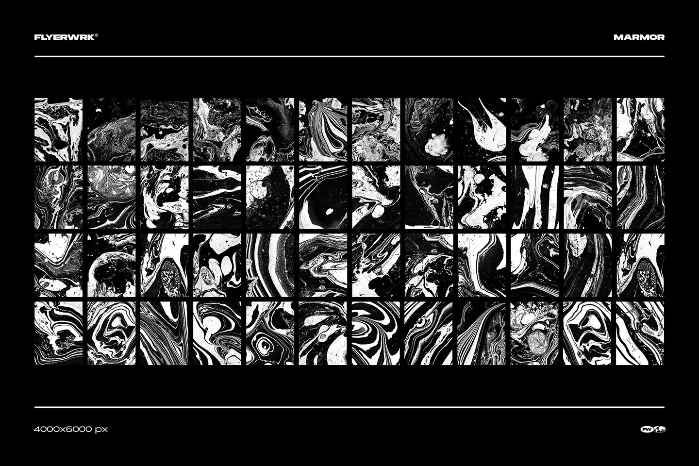 Marmor marble textures grid overview showing fifty unique high resolution black and white ink backgrounds