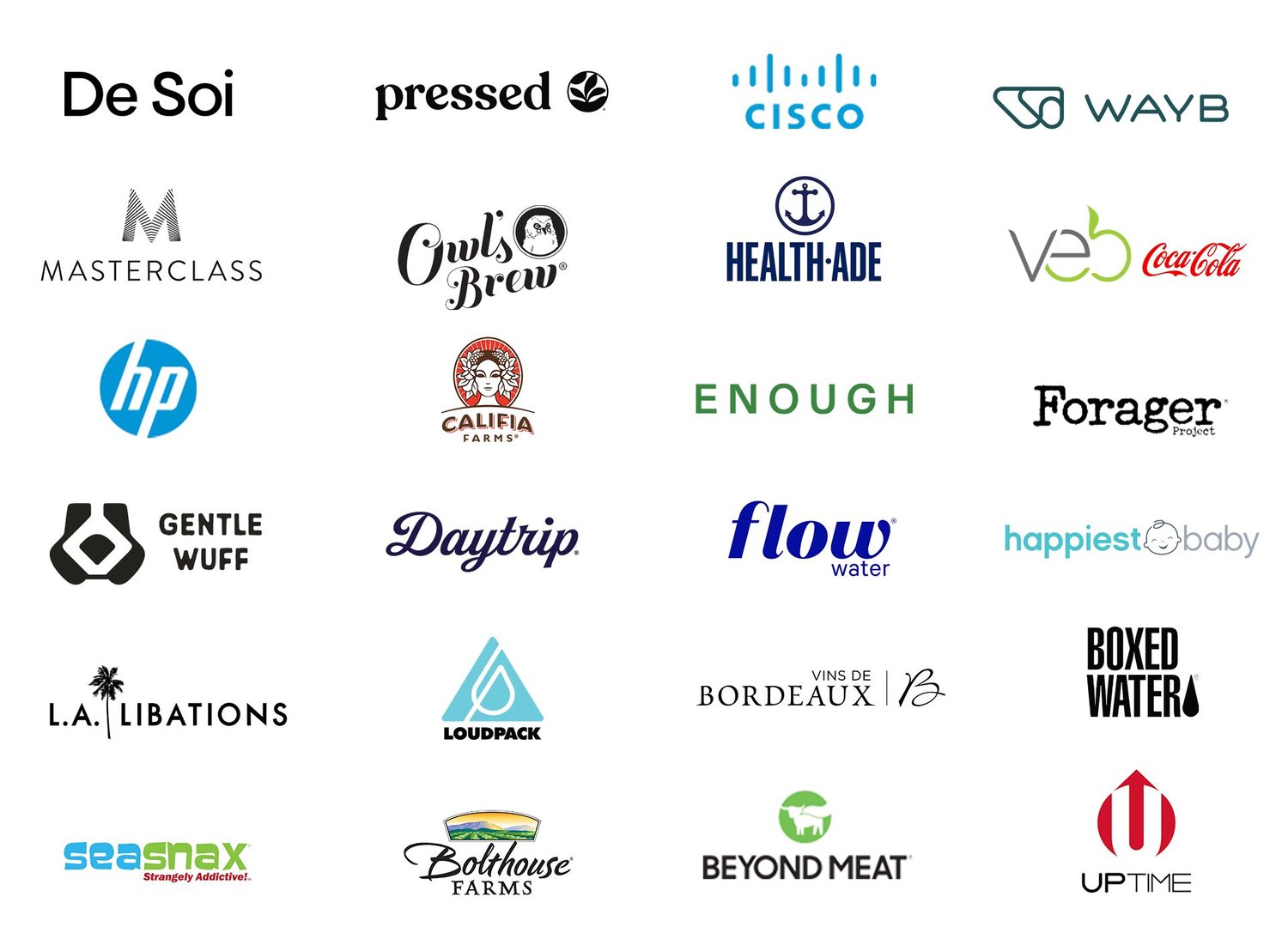 Trusted clients including De Soi, Pressed, Cisco, WAYB, MasterClass, Health-Ade, HP, Califia Farms, and more