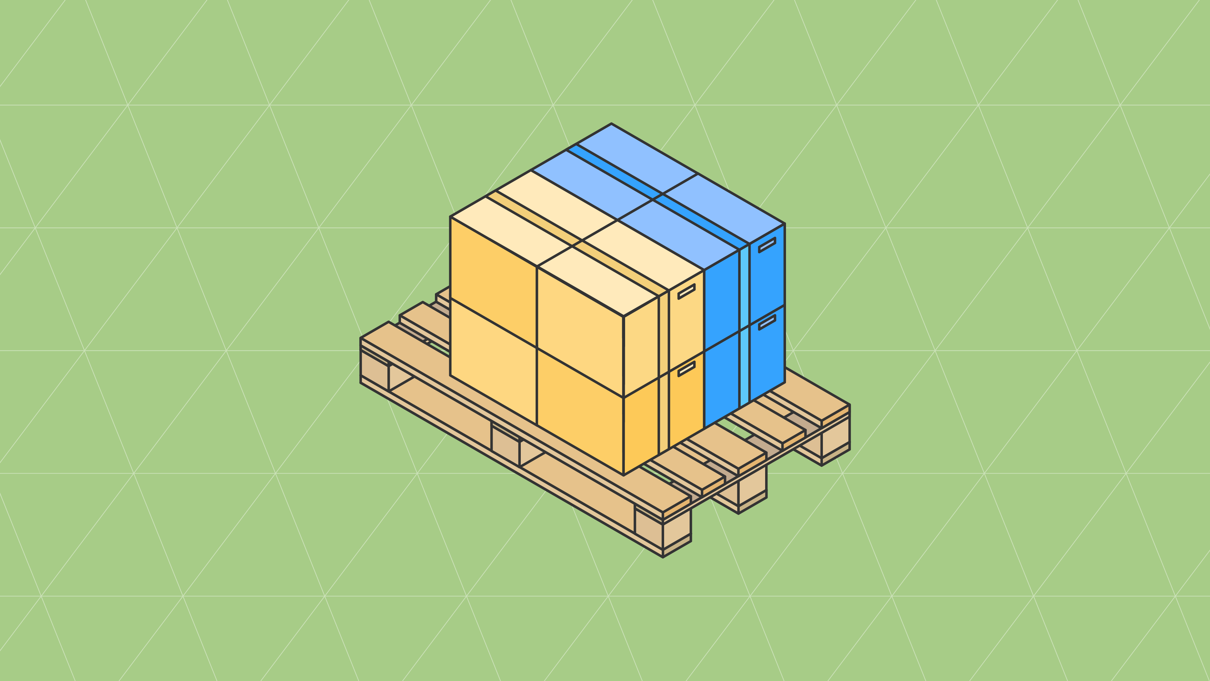 Isometric illustration of stacked boxes on a wooden pallet showing proper TI/HI configuration with yellow and blue boxes arranged in layers with black strapping.