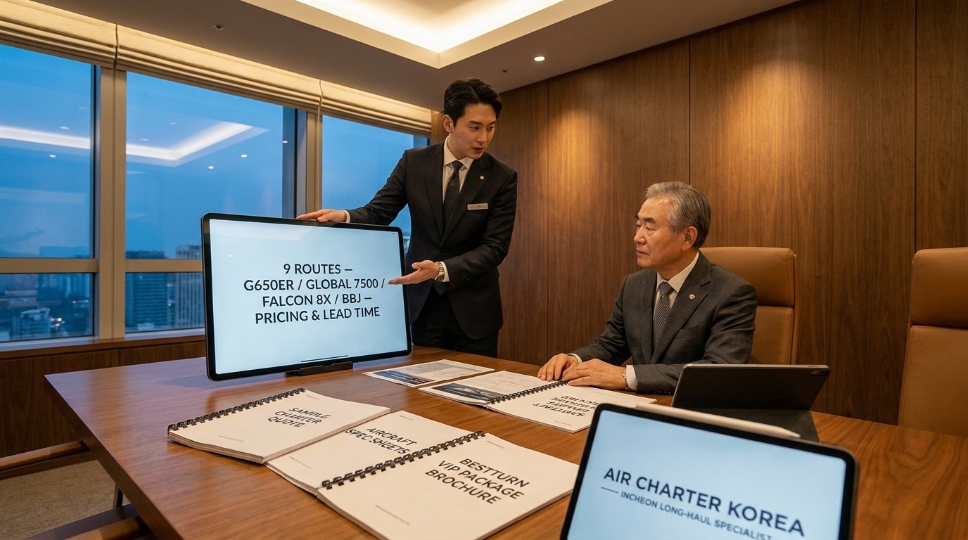 ACK Incheon Airport long-haul charter advisory โ Americas, Europe, and Middle East routes with G650ER and Global 7500 aircraft matching, lead-time lock-in, and integrated BestTurn VIP escort