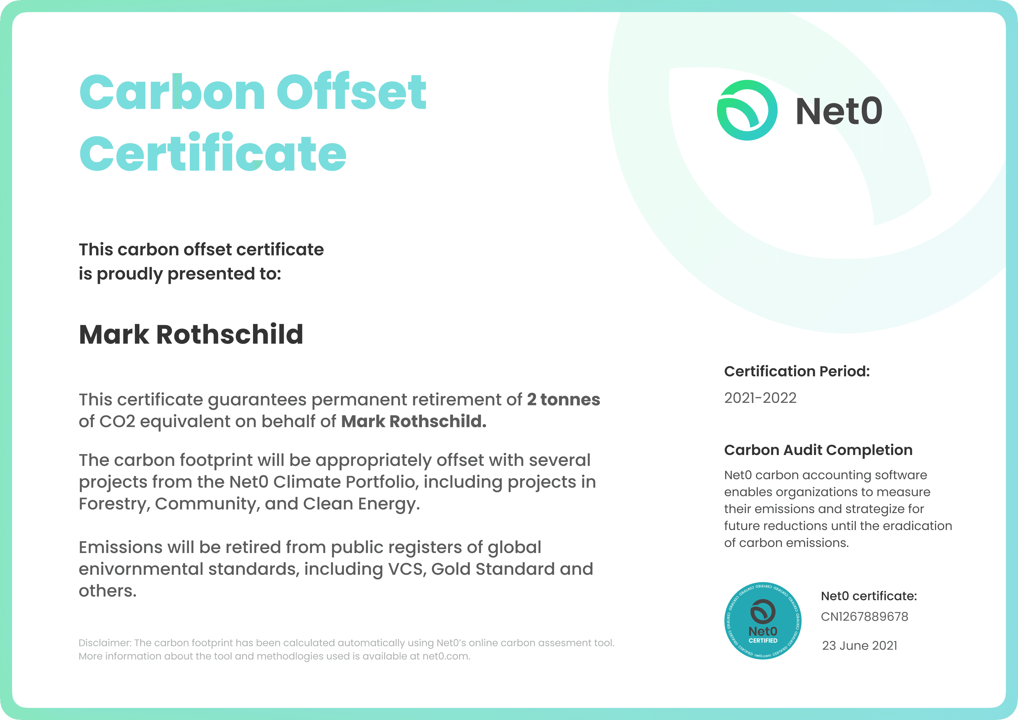 Net0 Carbon Offset Certificate