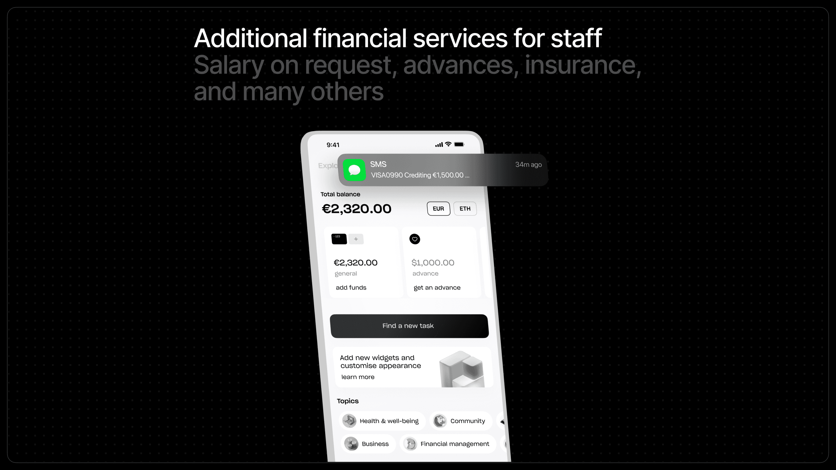 Concept of the home page with the status of the personal account in the future app created in collaboration between RocketWork and Brighty App