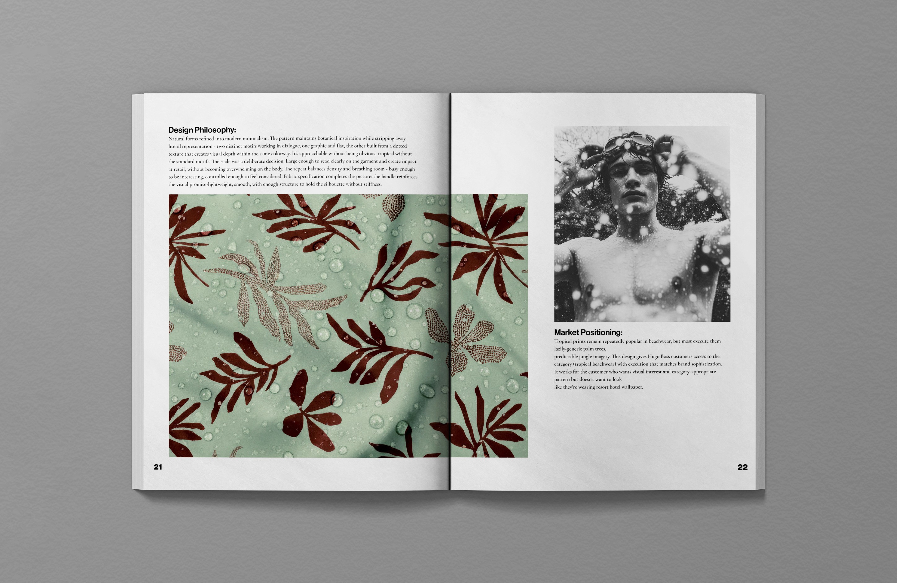 Hugo Boss SS26 editorial spread, Palm Shadow print detail with abstracted botanical leaf motifs in burgundy on seafoam green, design philosophy and market positioning text