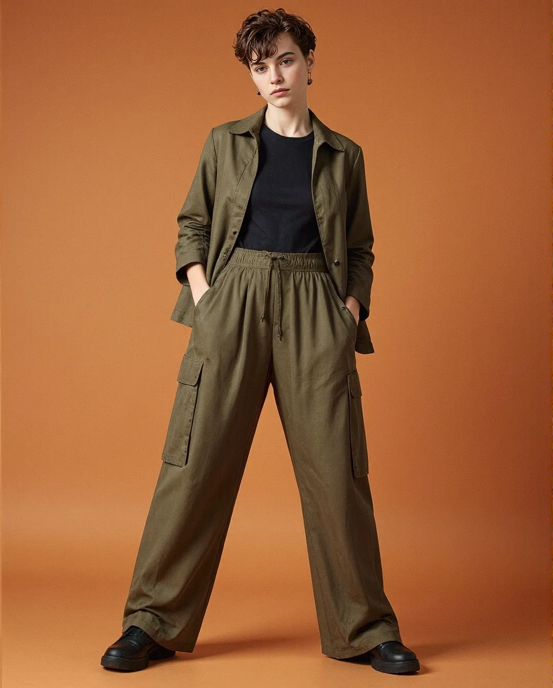 Fashion portrait featuring olive green utility jacket and matching wide-leg cargo pants paired with black top against warm terracotta background