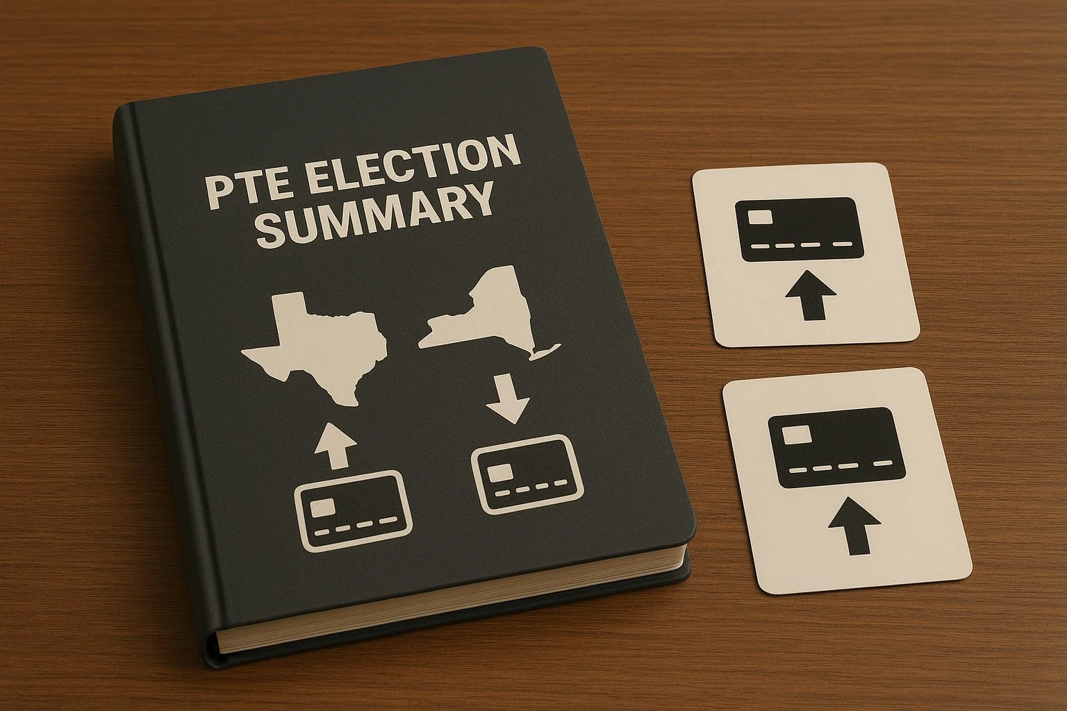 Closed binder labeled PTE Election Summary with state outlines and credit icons placed beside it.