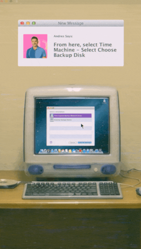 A 'New Message' popup instructs selecting Time Machine to choose a backup disk on a retro Mac's screen