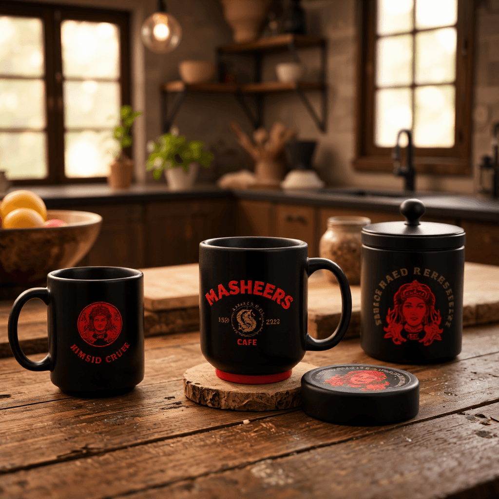 product photography of a set of themed merchandise including a mug, a coaster, and a container, designed for fans of a specific series.