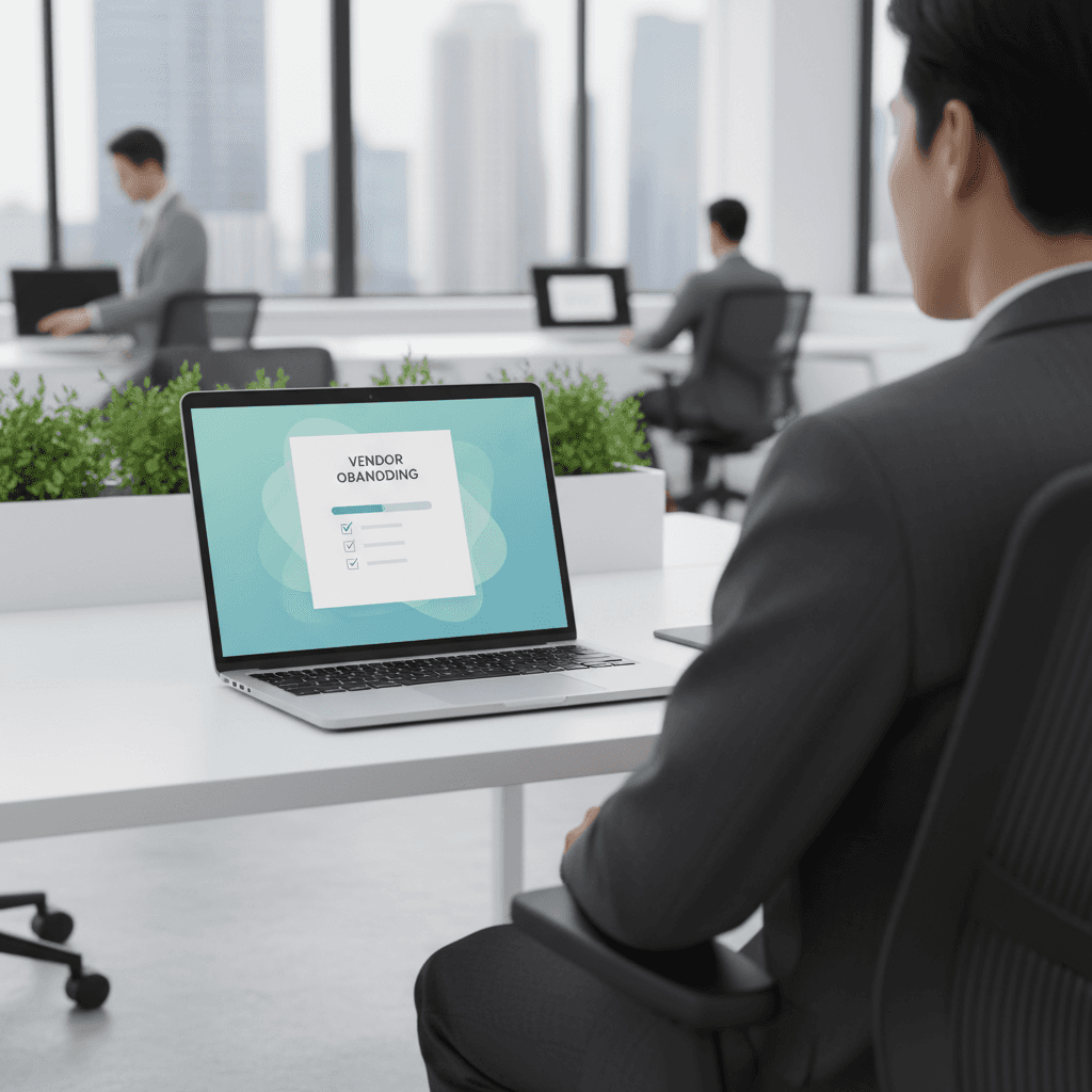 Laptop displaying an abstract vendor onboarding portal with progress and checklist, representing a workflow app on top of marketing automation