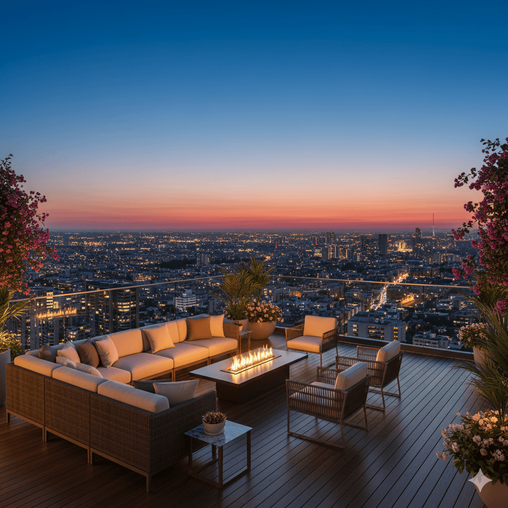 Residential rooftop terrace, evening cityscape view, Noida property