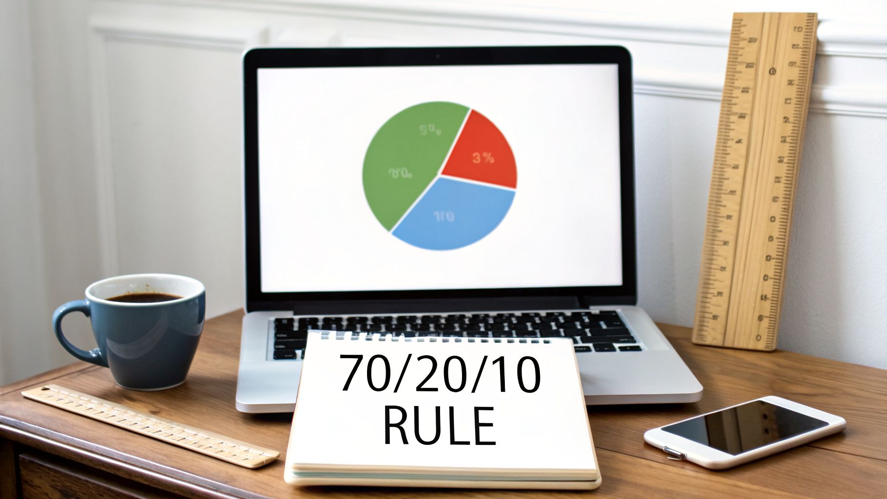 A work desk with a laptop displaying a pie chart, a notepad with '70/20/10 RULE', a coffee cup, and a smartphone.