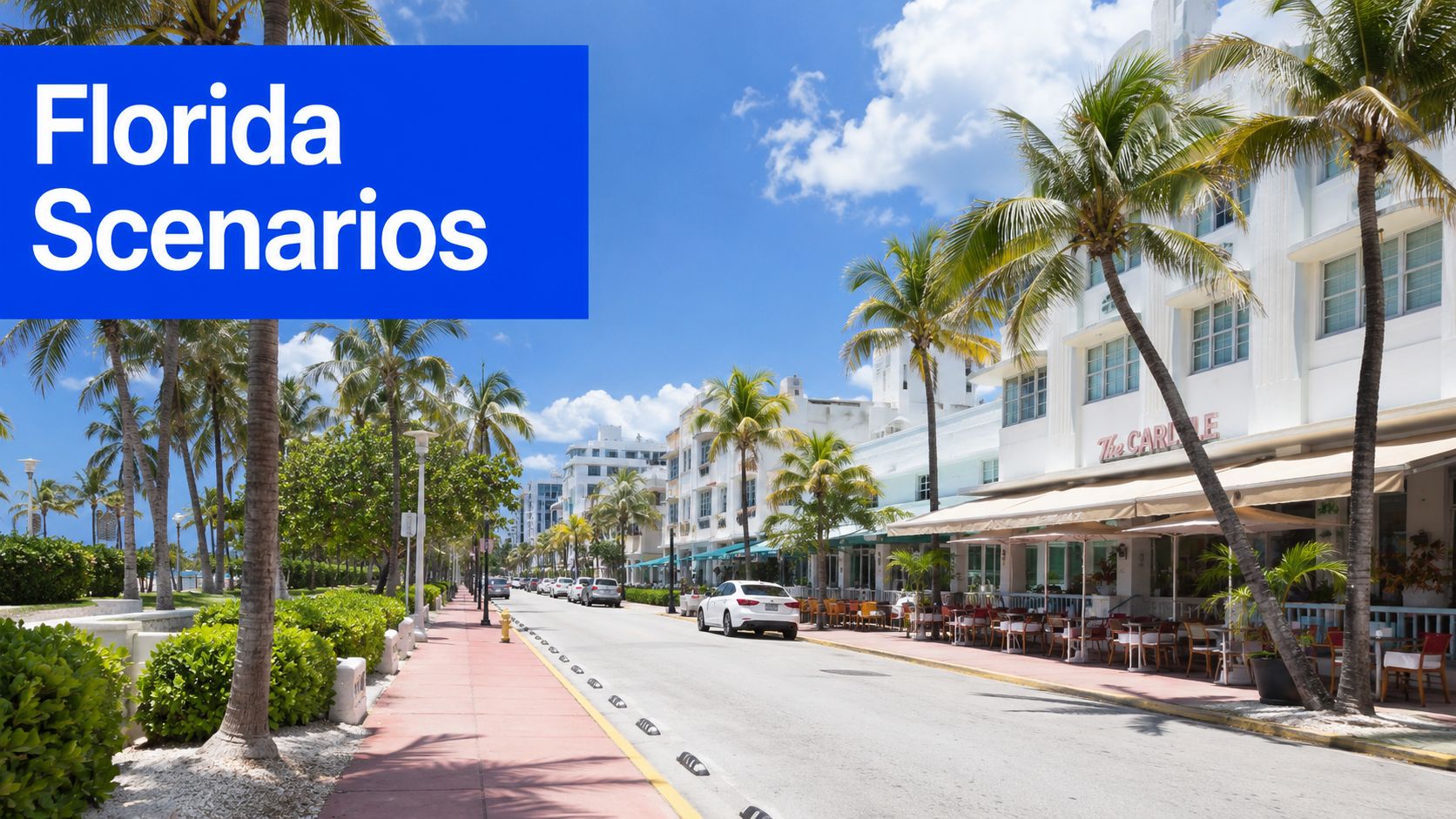 A scenic street view of Ocean Drive in Miami, Florida, featuring palm trees and historical buildings.