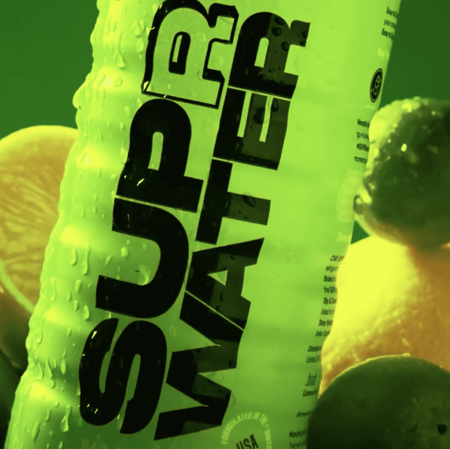 Neon-lit Supr Water pack glowing against black backdrop, signaling functional hydration