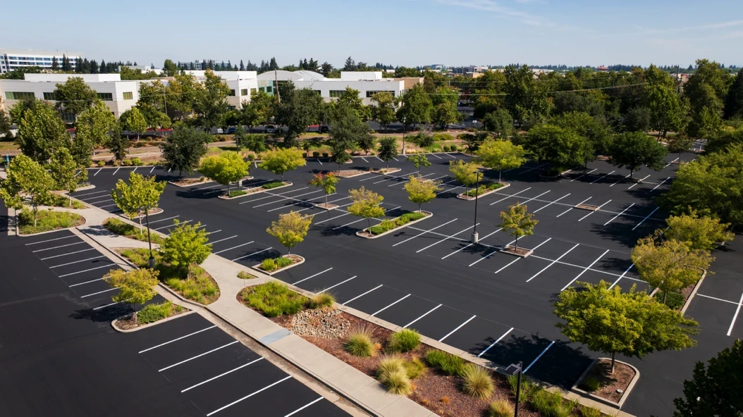 Aerial photo of brand new office building parking lot