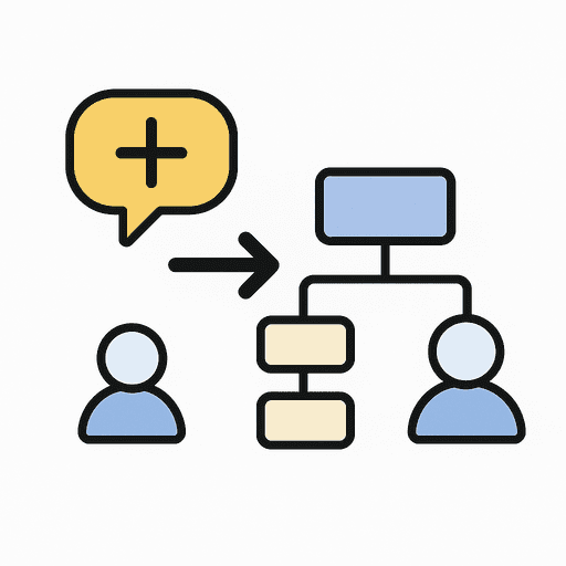Two user icons connected by a flowchart, with a speech bubble and plus sign, representing real-time collaboration and teammate invites.