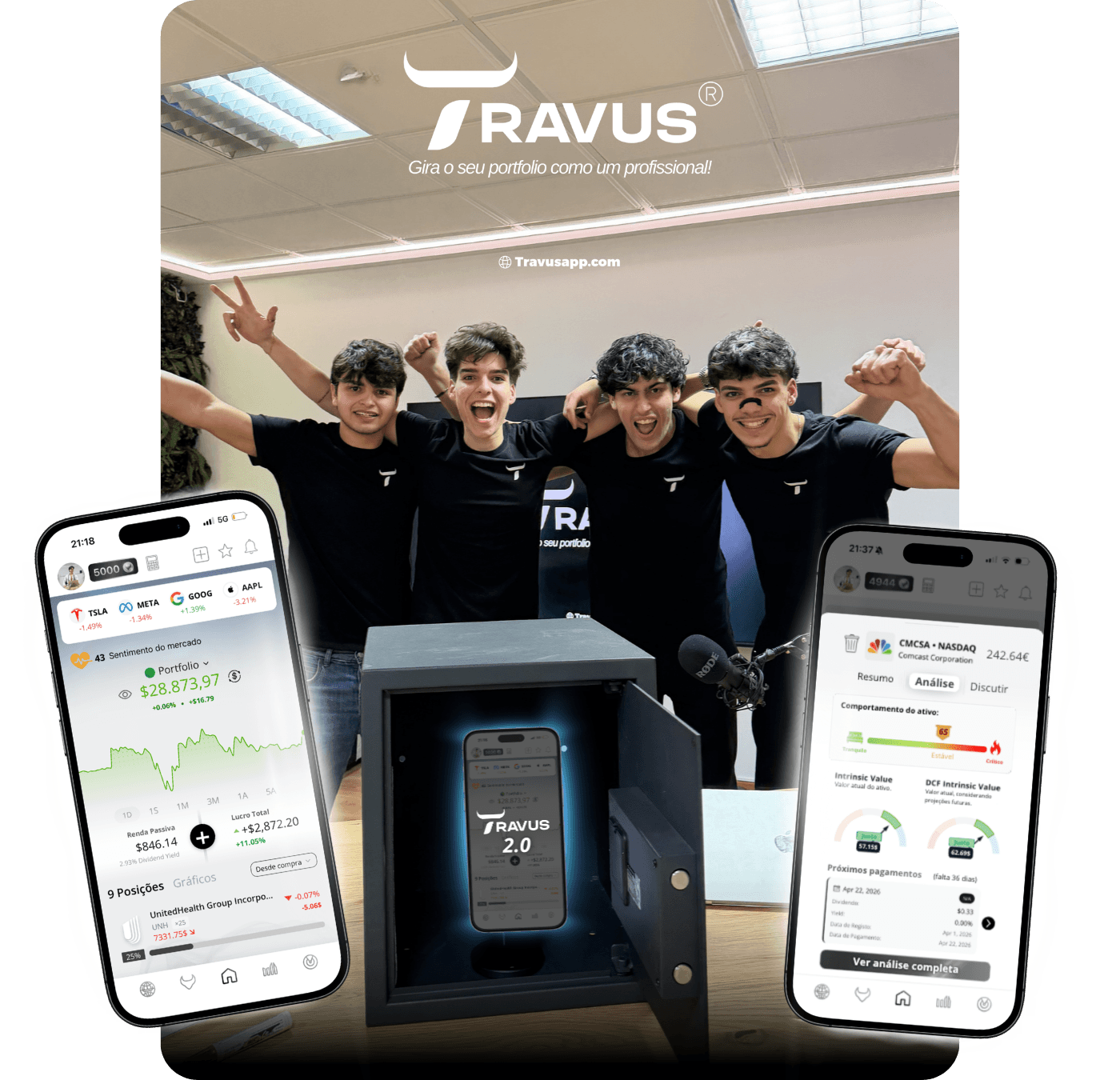 equipa travus, no escritorio da travus, com o logo travus em grande, equipa que representa a marca e que está tambem por trás da melhor app para gerir investimentos automaticamente, aqui celebra se a expansão da travus para o brasil, e ve se a nova atualização da travus 2. que está com um sucesso enorme-  AI investe como um profisisonal,aqui estamos muito felizes por a app estar a ir bem e todos os investidores estem a gostar