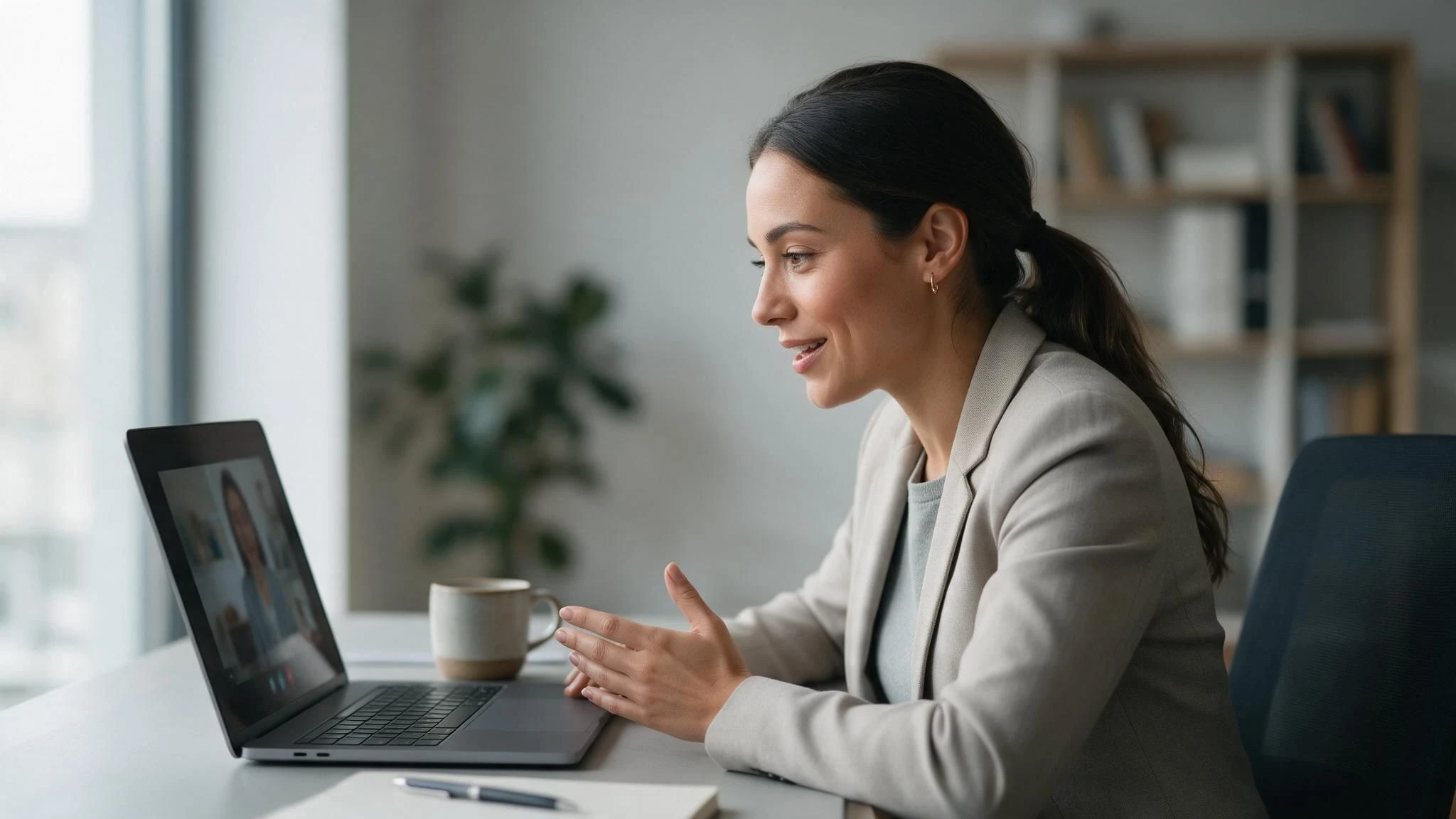 Woman attending a video interview on her laptop at a home office desk