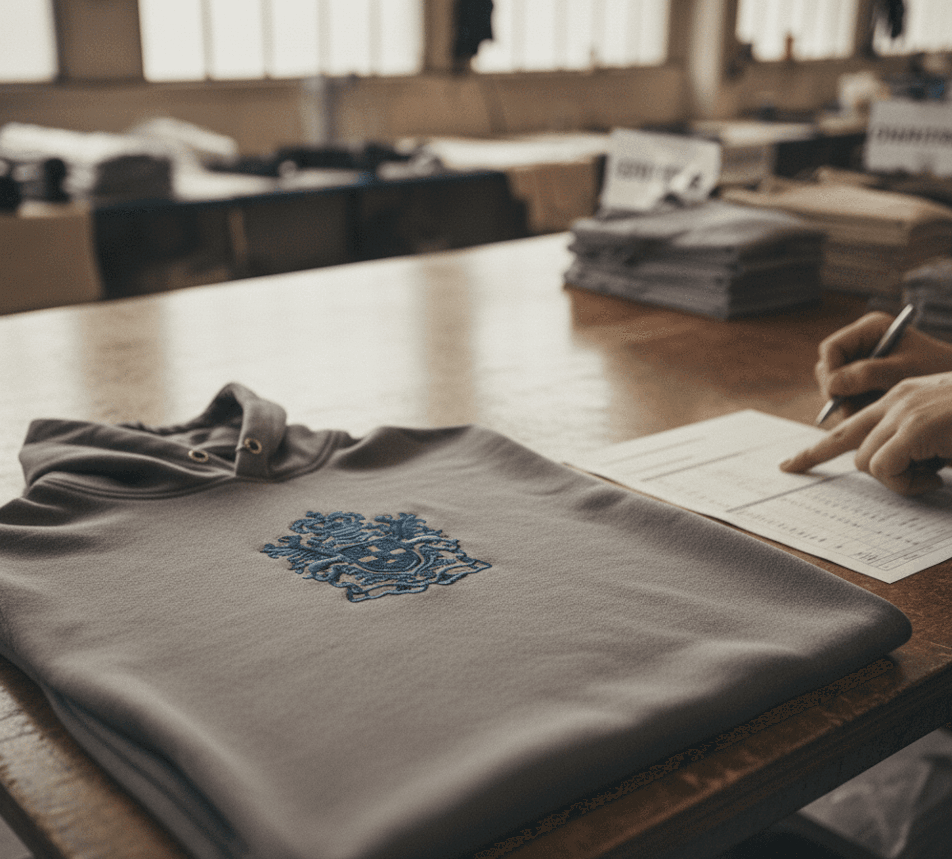Image of a polo with a detailed embroidered logo on the centre front