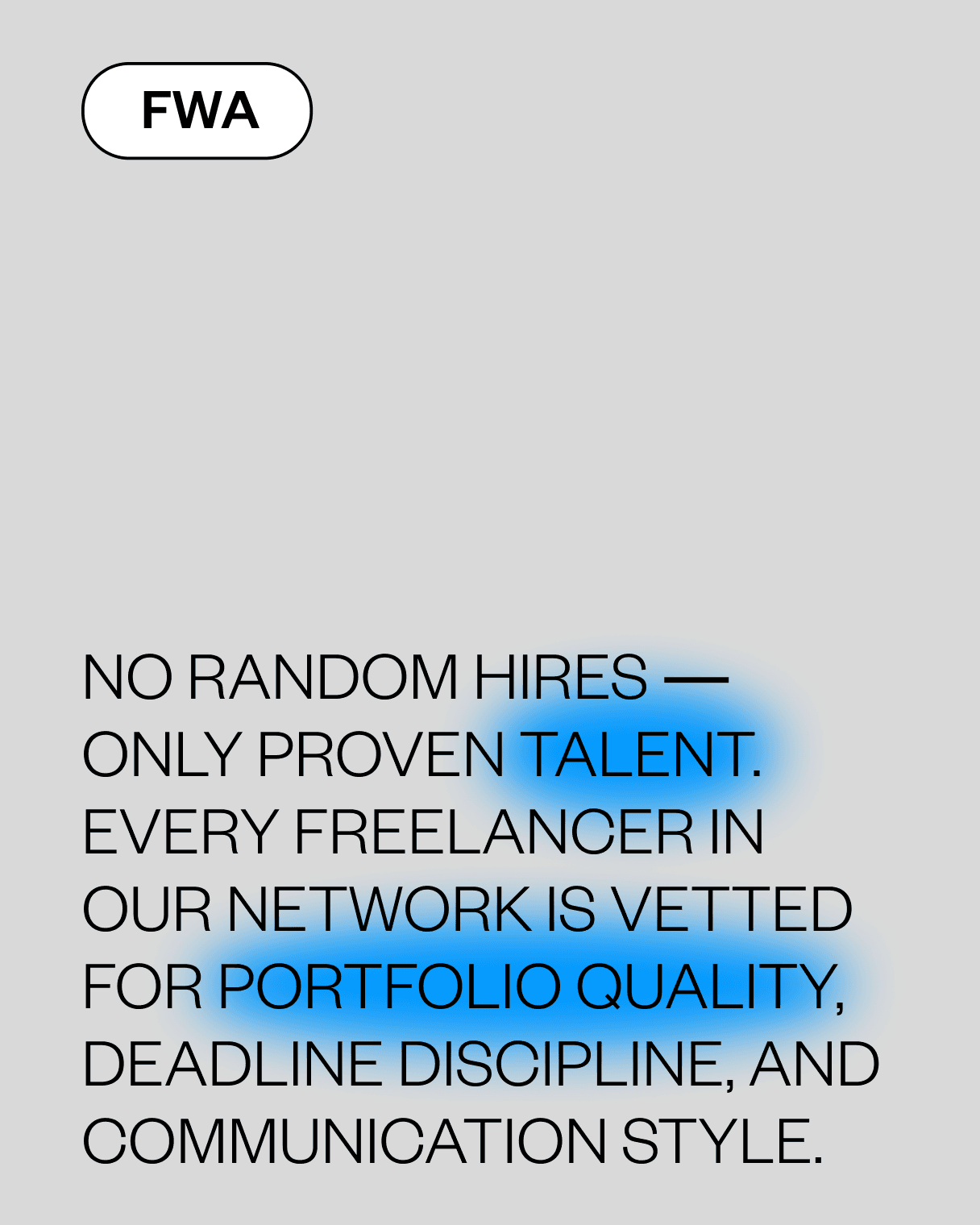Talent selection poster emphasizing agency’s curated freelancer network and quality assurance process