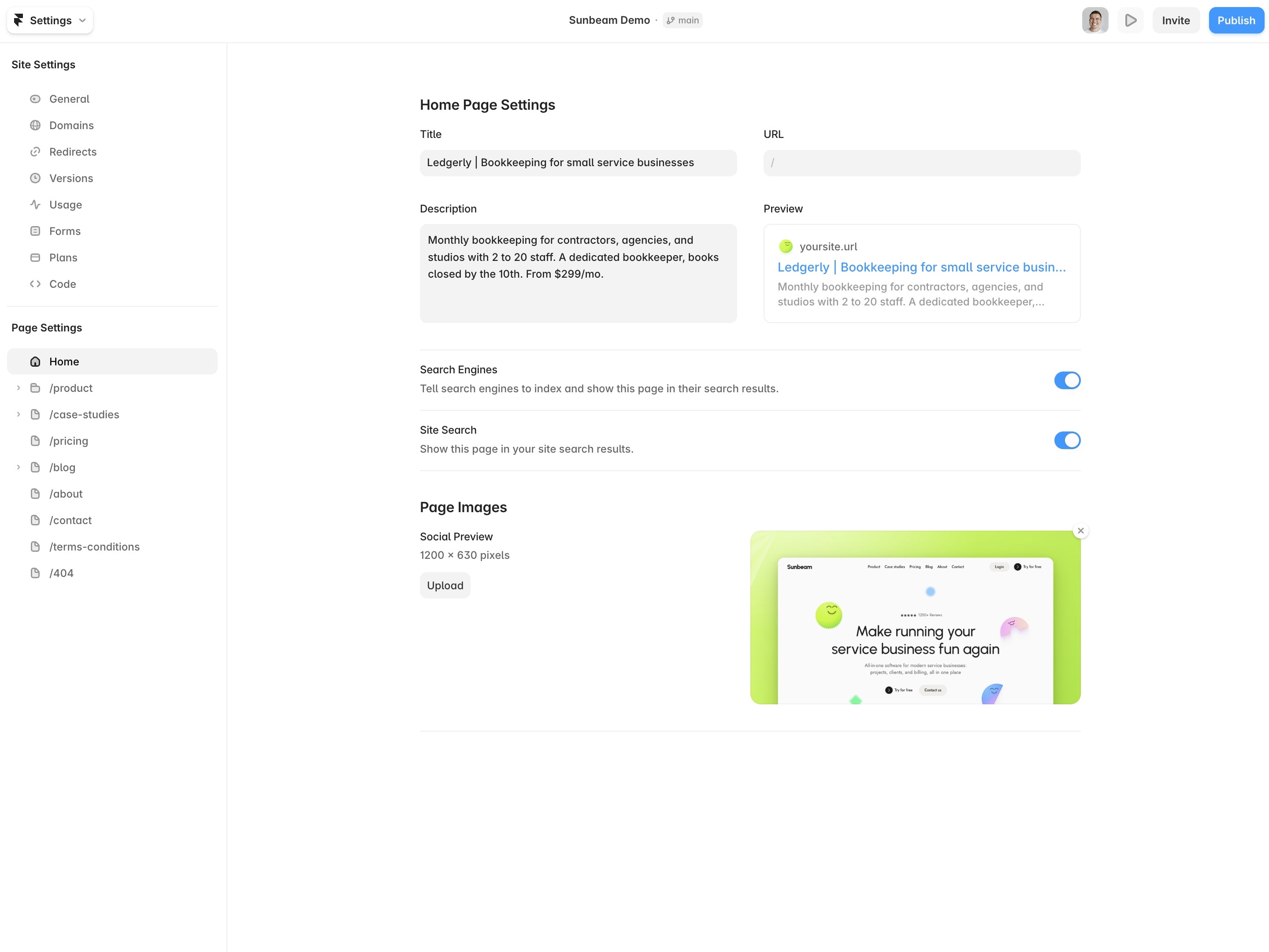 Framer Page Settings for the Home page filled with Ledgerly’s title, description, indexing, and social preview