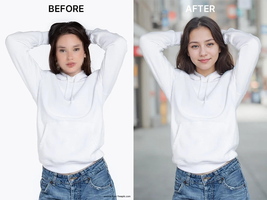 Before and after editing women photos using Modiqlo AI Fashion Model