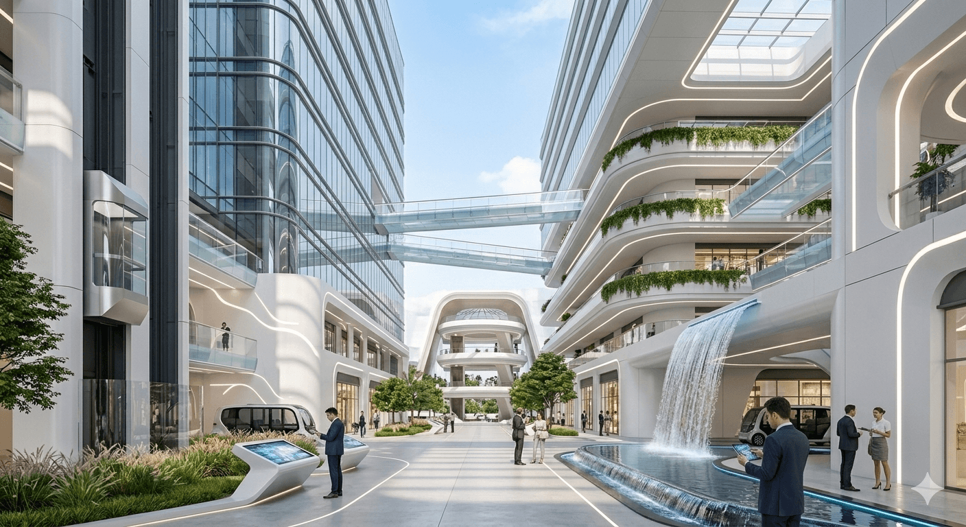 Futuristic minimalist interior of a commercial complex featuring white curved architecture and digital displays in Gurugram