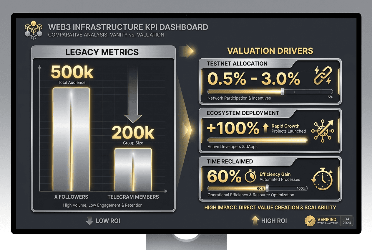 Data visualization comparing legacy social media metrics with high-value Web3 KPIs like testnet allocation and ecosystem growth.