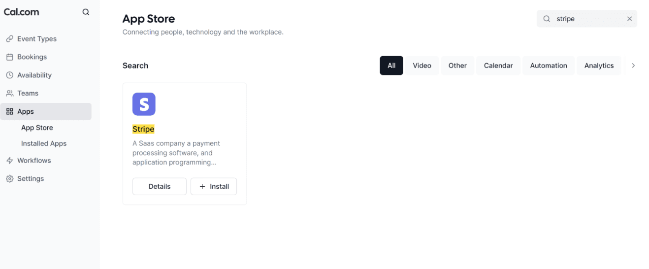 Illustration of the Cal.com App Store with the Stripe app listed under the payments integration category