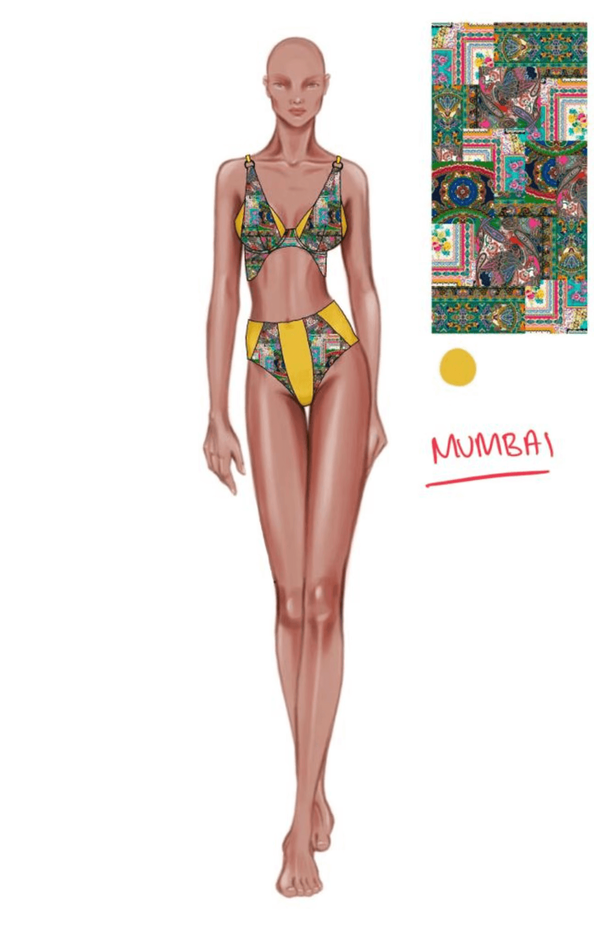 Illustration of a two-piece design with a colorful Mumbai-inspired print and yellow accents.