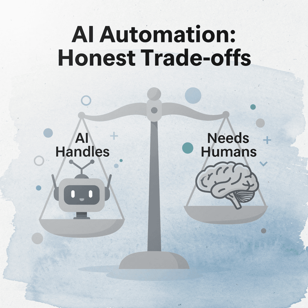 Balance scale comparing what AI automates versus what requires human oversight in COBOL replacement
