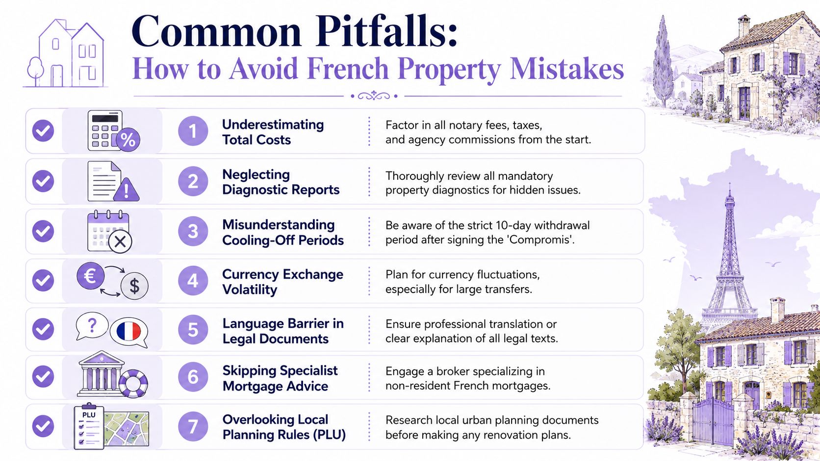 An infographic detailing seven common pitfalls to avoid when purchasing property in France, presented in a list format.