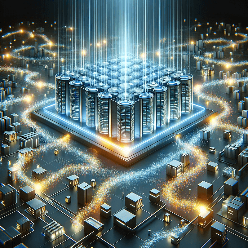 The image is a digital illustration of a high-tech data warehouse, depicted as running incrementally with glowing connections between server racks and surrounding infrastructure.