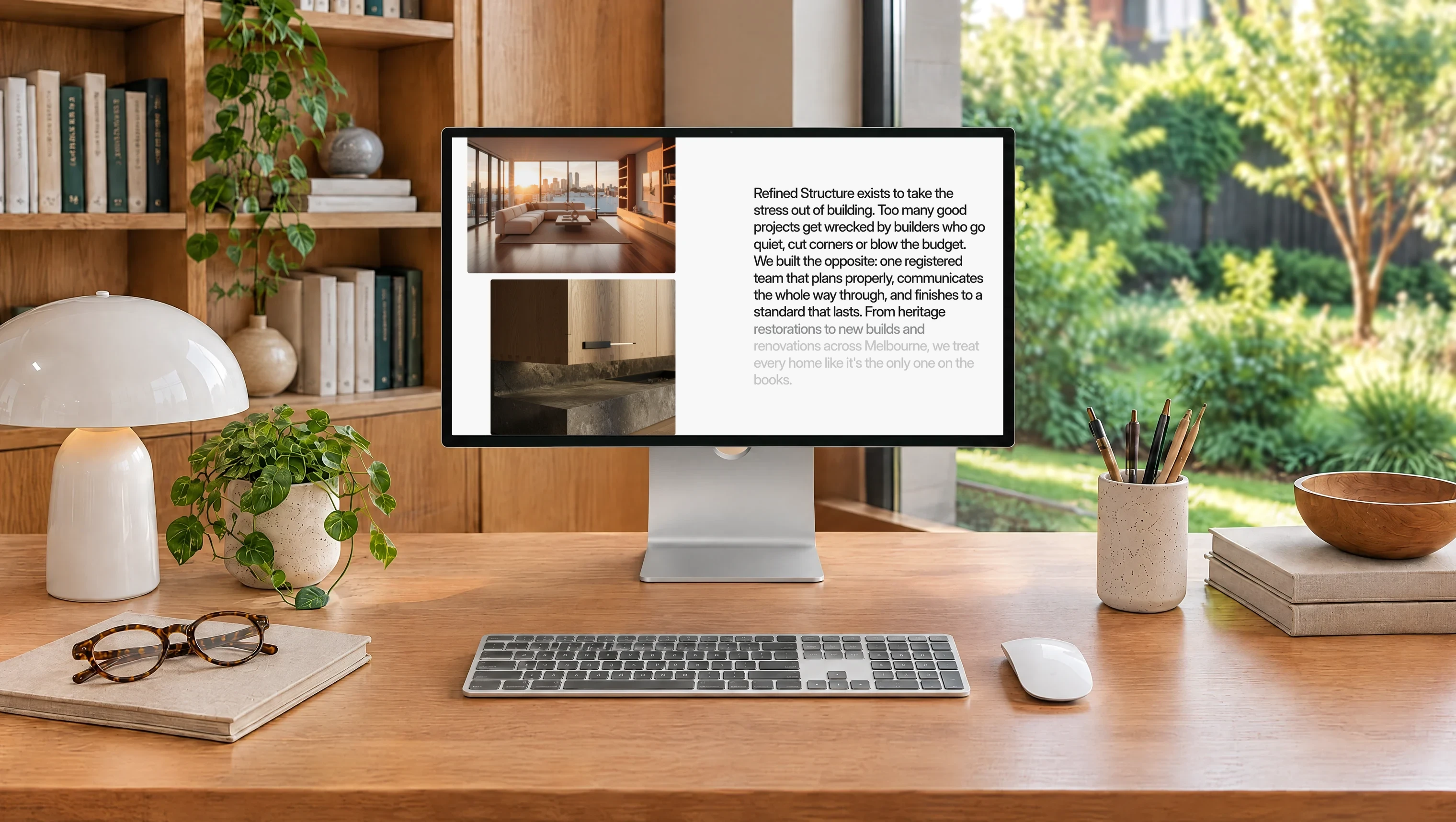 Refined Structure's About page on an Apple Studio Display in a timber study, garden window behind.