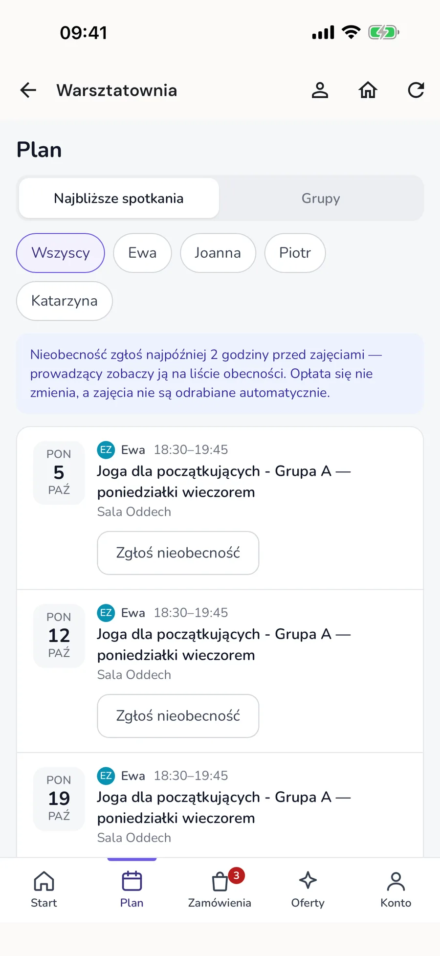 Zakładka Plan w aplikacji ReservePro na iPhonie: najbliższe zajęcia jogi z godziną, salą, filtrem po imionach i przyciskiem Zgłoś nieobecność