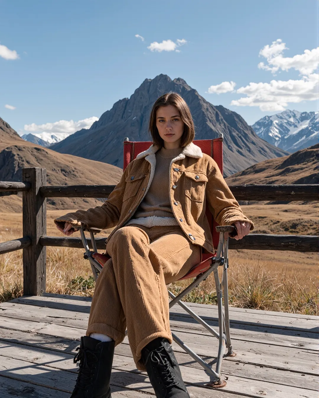 Stylish corduroy outfit in earthy tones, featuring a person seated in a camping chair with majestic mountain peaks in the background.