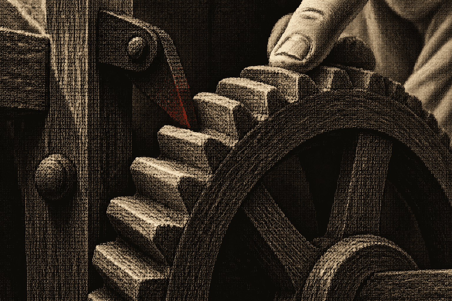 A marble fingertip turning a stone ratchet wheel one notch, with a red pawl holding it in place