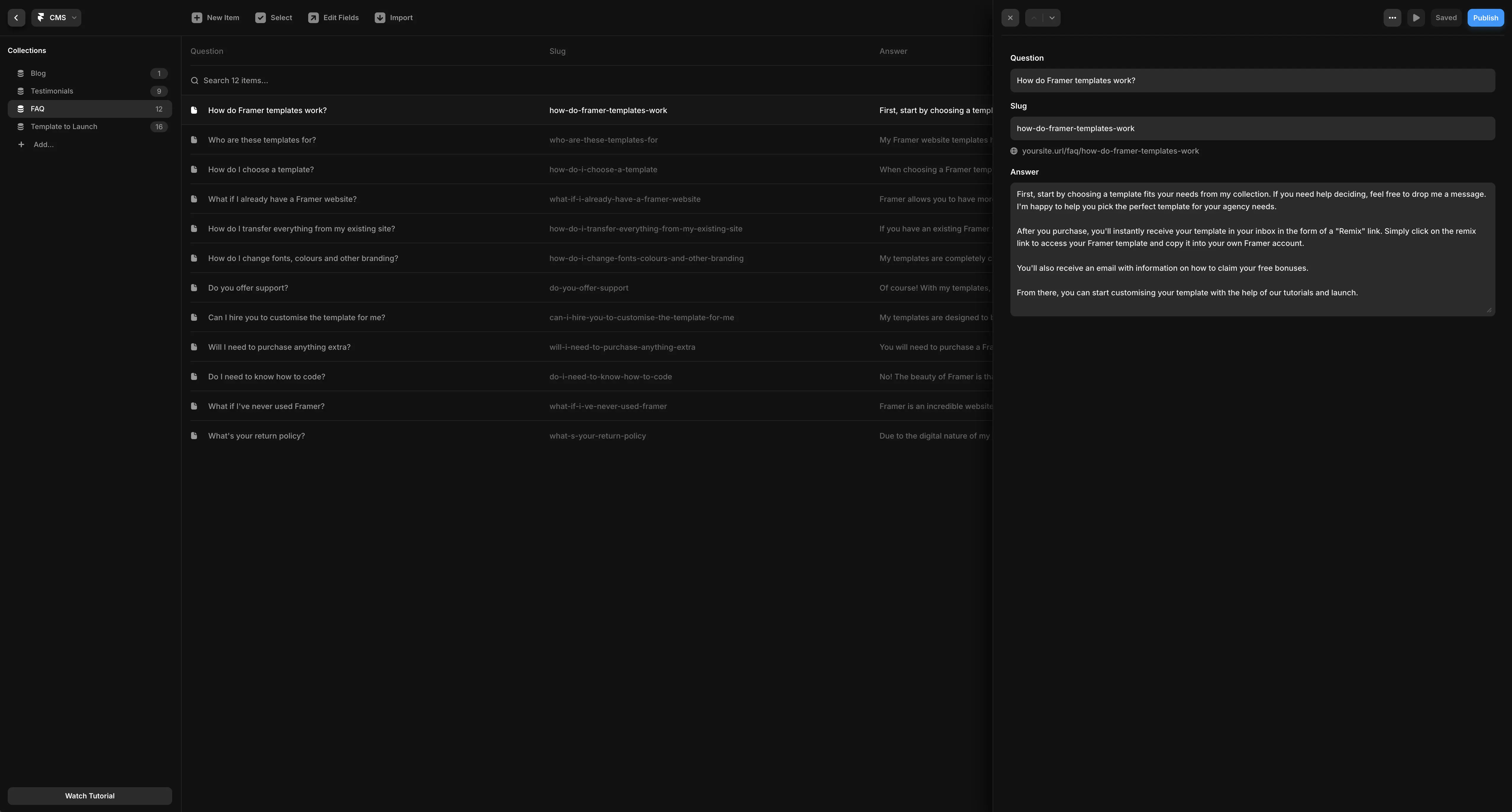 A screenshot of the CMS in Framer