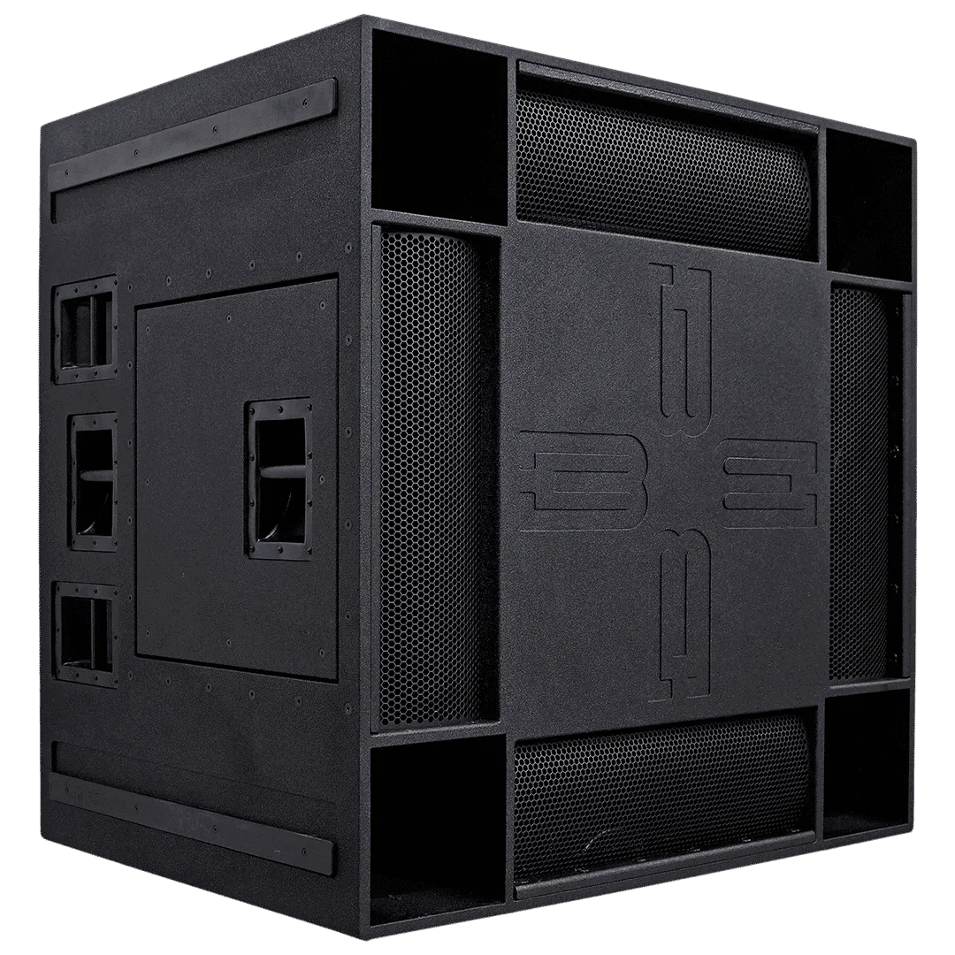Black speaker cabinet with multiple grilles and a logo.