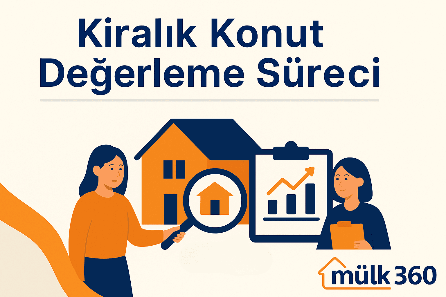 Mülk360 Konut Değerleme süreci görseli; ekspertiz uzmanı ev ziyareti, ölçüm cihazlarıyla inceleme adımları, detaylı rapor ve onay simgeleri.