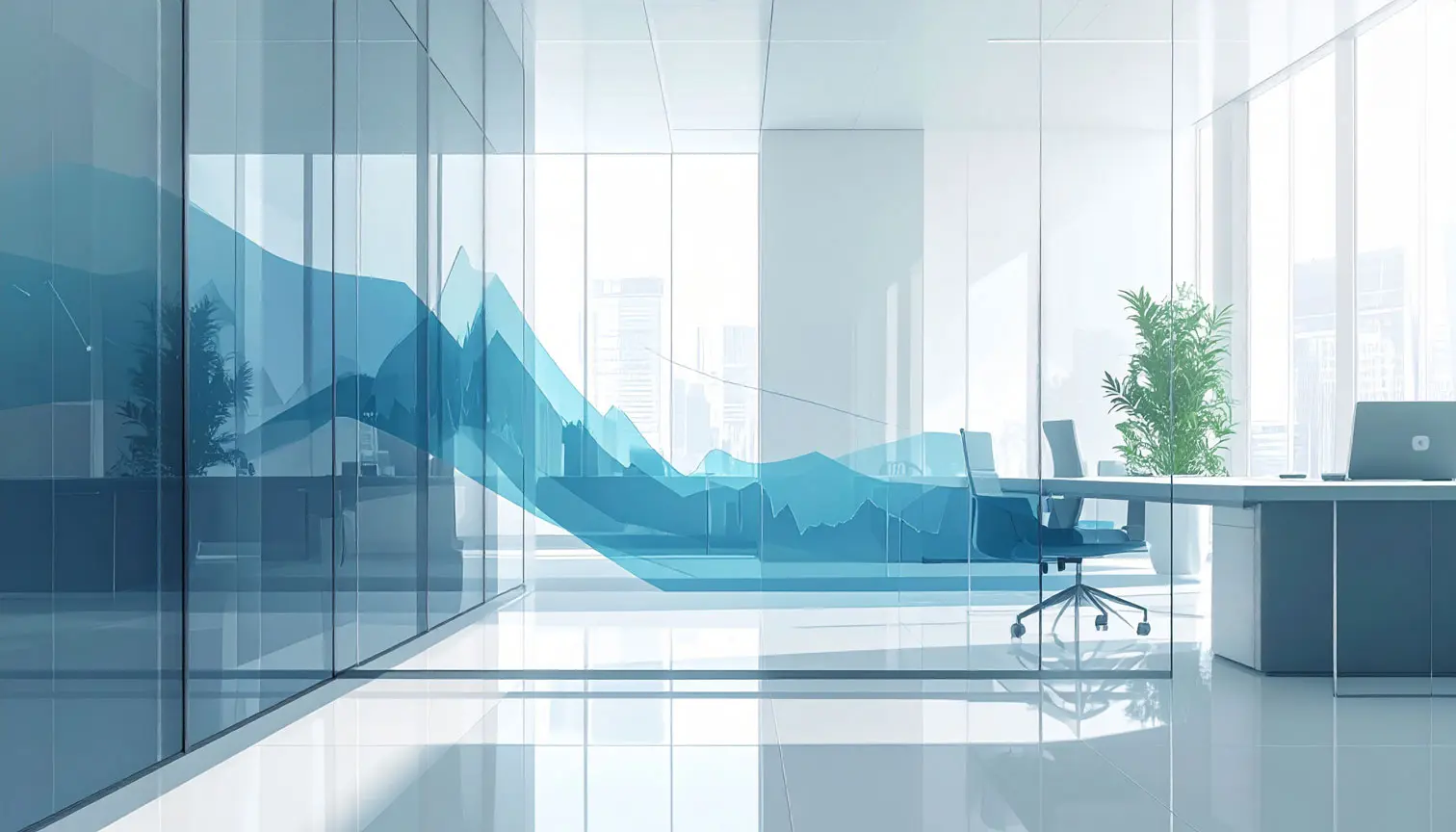 Fotografía de un entorno de oficina moderno y minimalista donde se visualizan pantallas con indicadores financieros, gráficas de rendimiento bursátil y análisis de datos bancarios; representa un enfoque estratégico en el sector de la economía y los negocios.