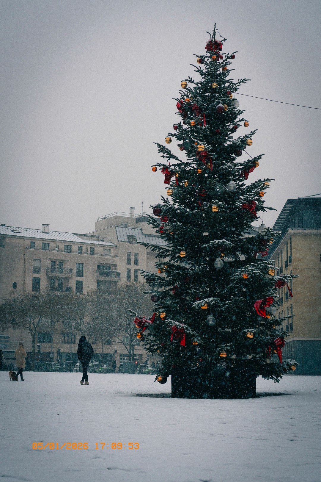 Place enneigée à Issy avec un grand arbre de Noël décoré de boules rouges, de rubans et de guirlandes lumineuses. Des piétons marchent avec un chien, et des bâtiments historiques en arrière-plan sous un ciel gris.