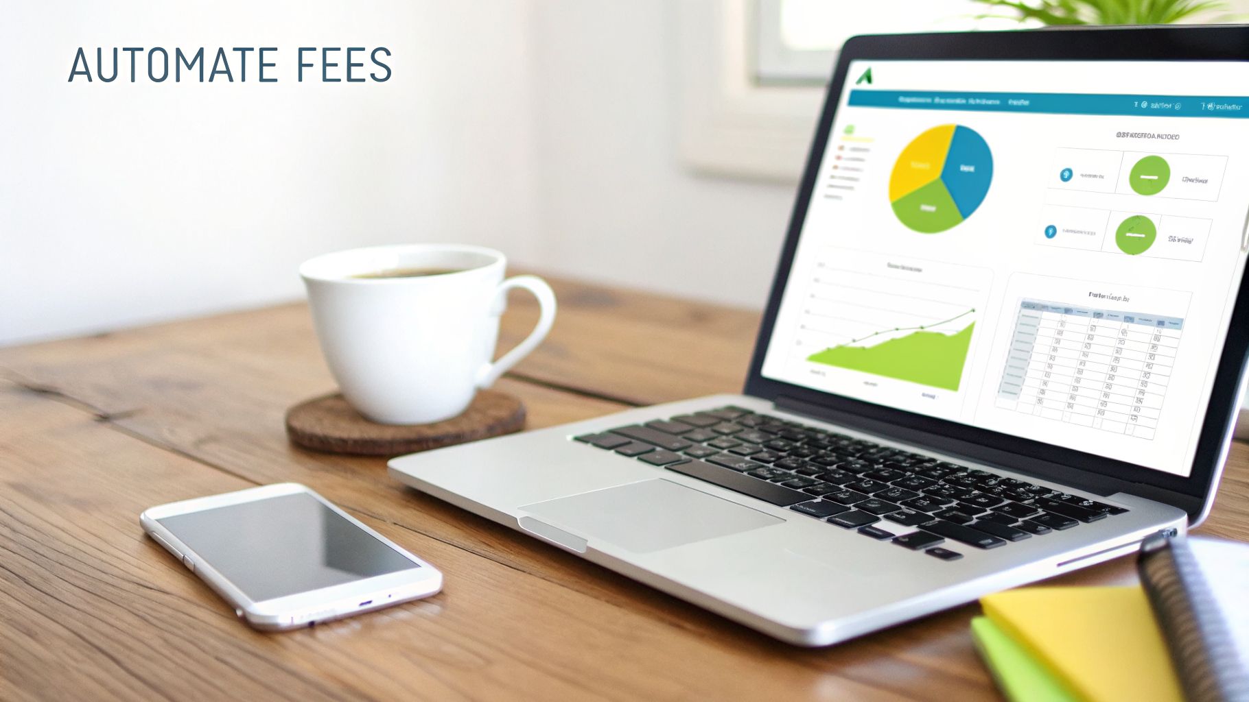 A laptop displaying financial charts and data, with a coffee cup and smartphone on a wooden desk, advertising 'AUTOMATE FEES'.