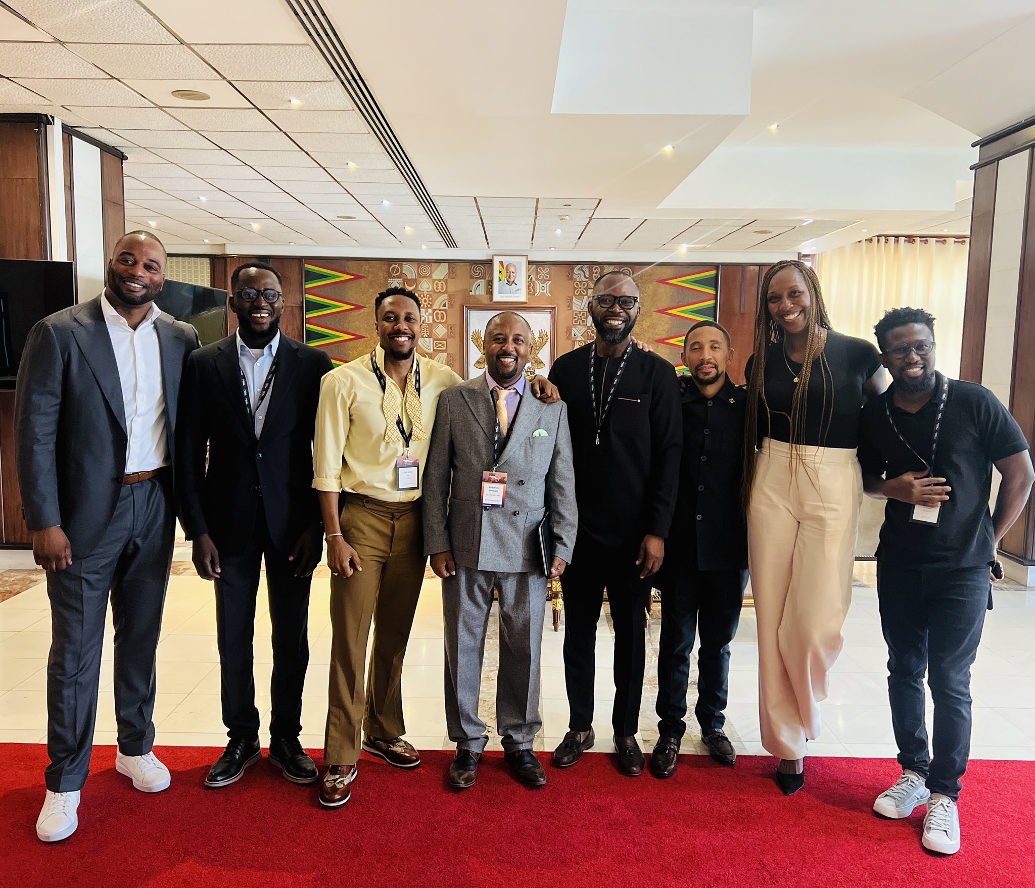 L-R Emmanuel Lubanzadio (Open AI), Foster Awintiti (AFTS), Bliss Dumashie (Socialite AF), Zekarias Amsalu (AFTS), Larry Cook (Binance), Akosua Annobil (Tech-In-Ghana), Victor Blavo (Seesail Fintech)