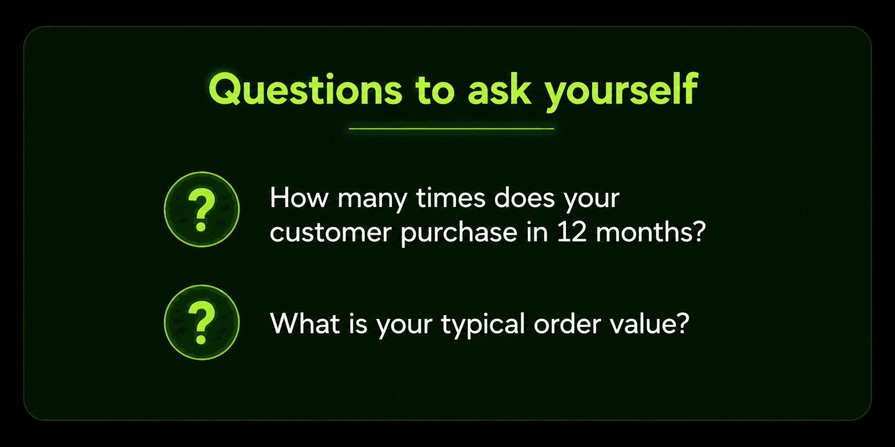 Loyalty program self-assessment card with two questions: "How many times does your customer purchase in 12 months?" and "What is your typical order value?"