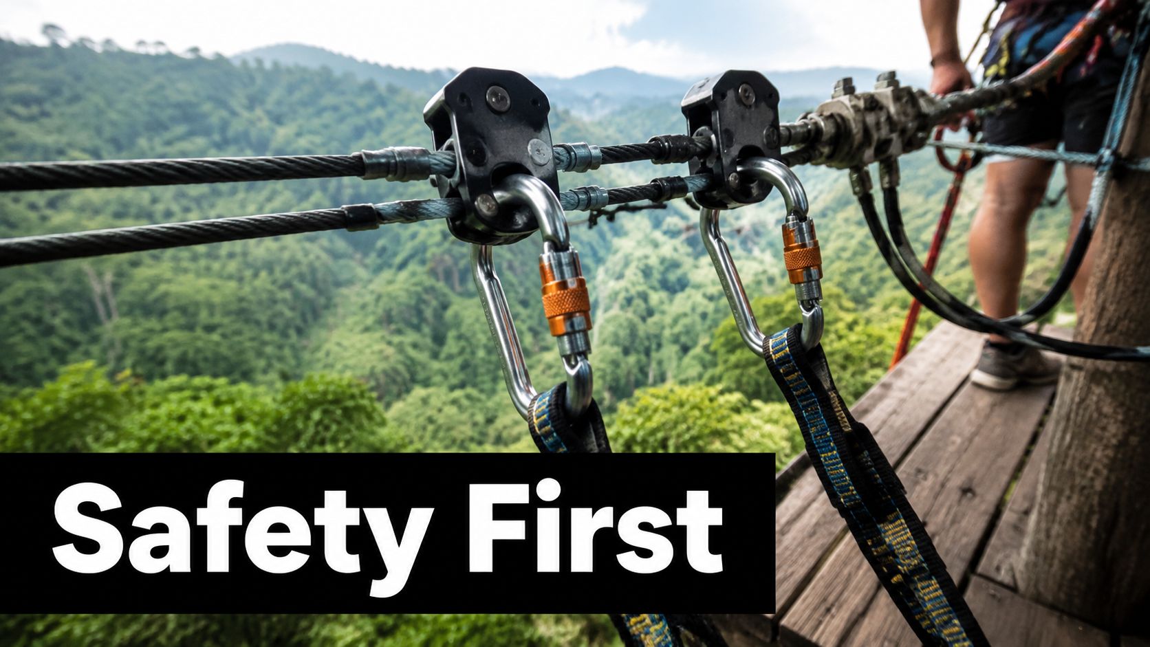 A close-up view of zip line pulleys and carabiners attached to a safety cable in a forest.