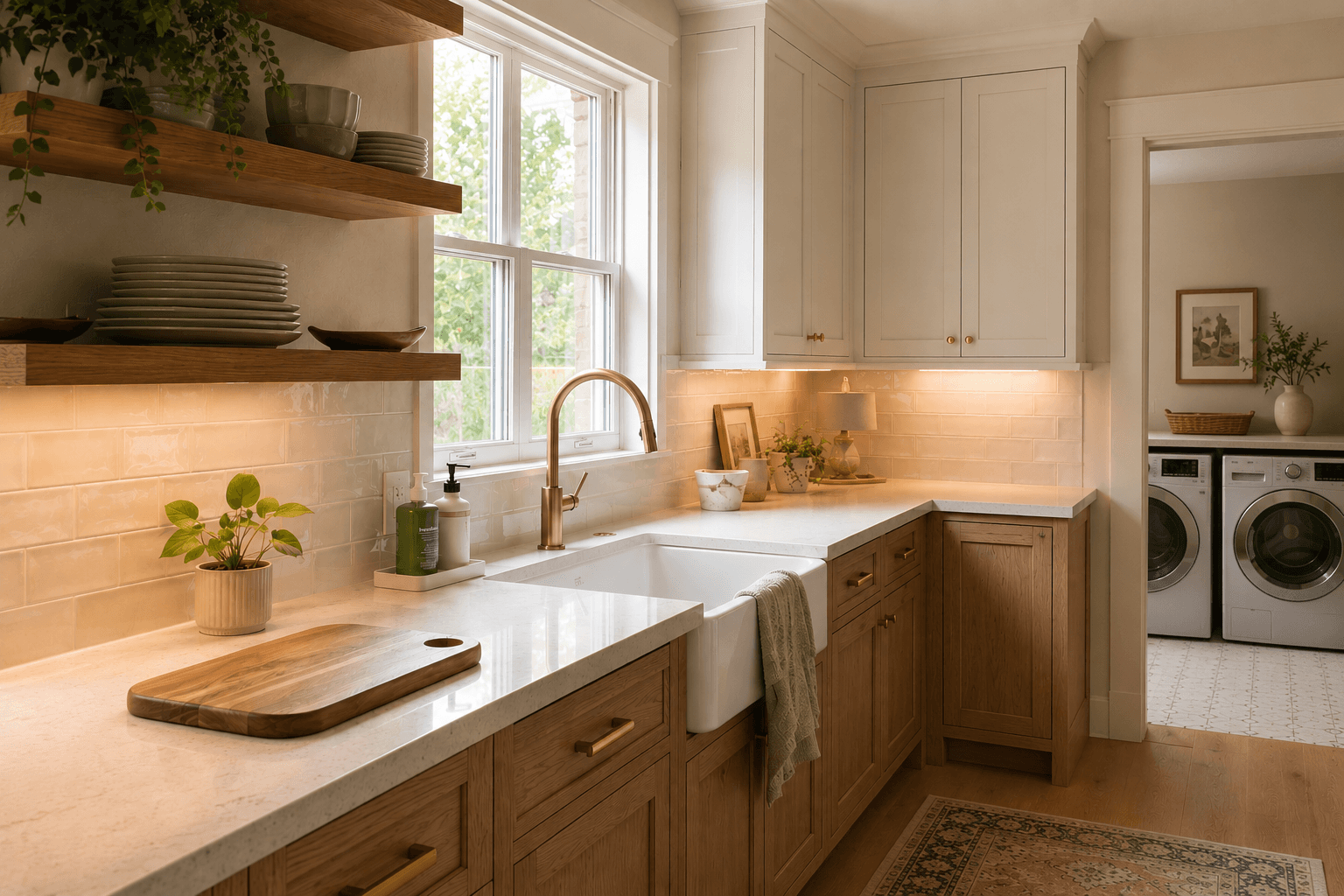 Sunlit farmhouse kitchen with white shaker cabinets, wood open shelving, quartz countertops, subway tile backsplash, brass faucet over farmhouse sink, and adjacent laundry room