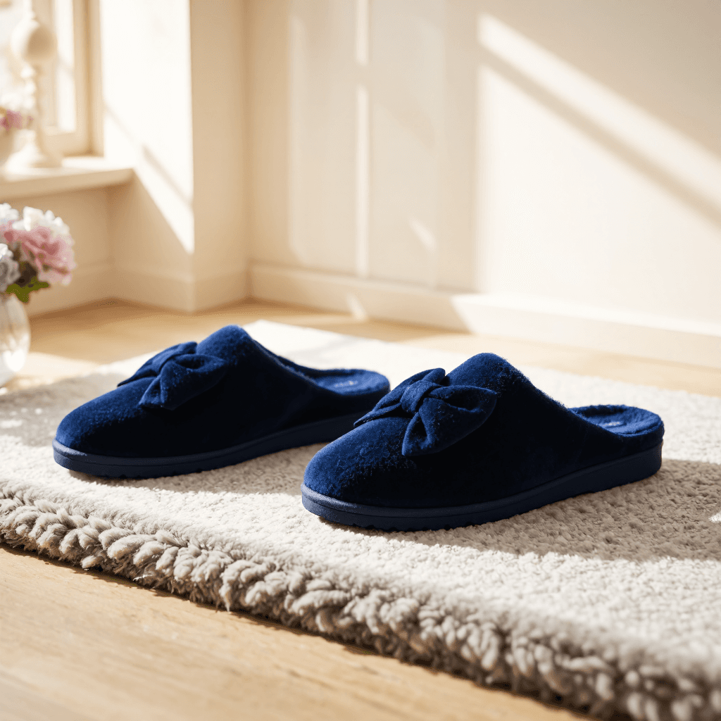 product photography of a pair of fashionable slippers with decorative bow