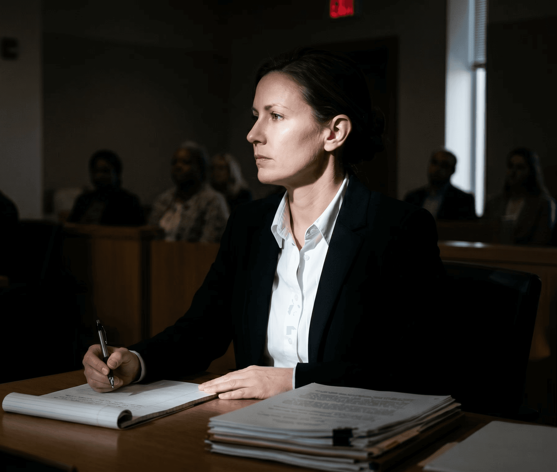 Defense attorney standing in courtroom representing client with substance use disorder