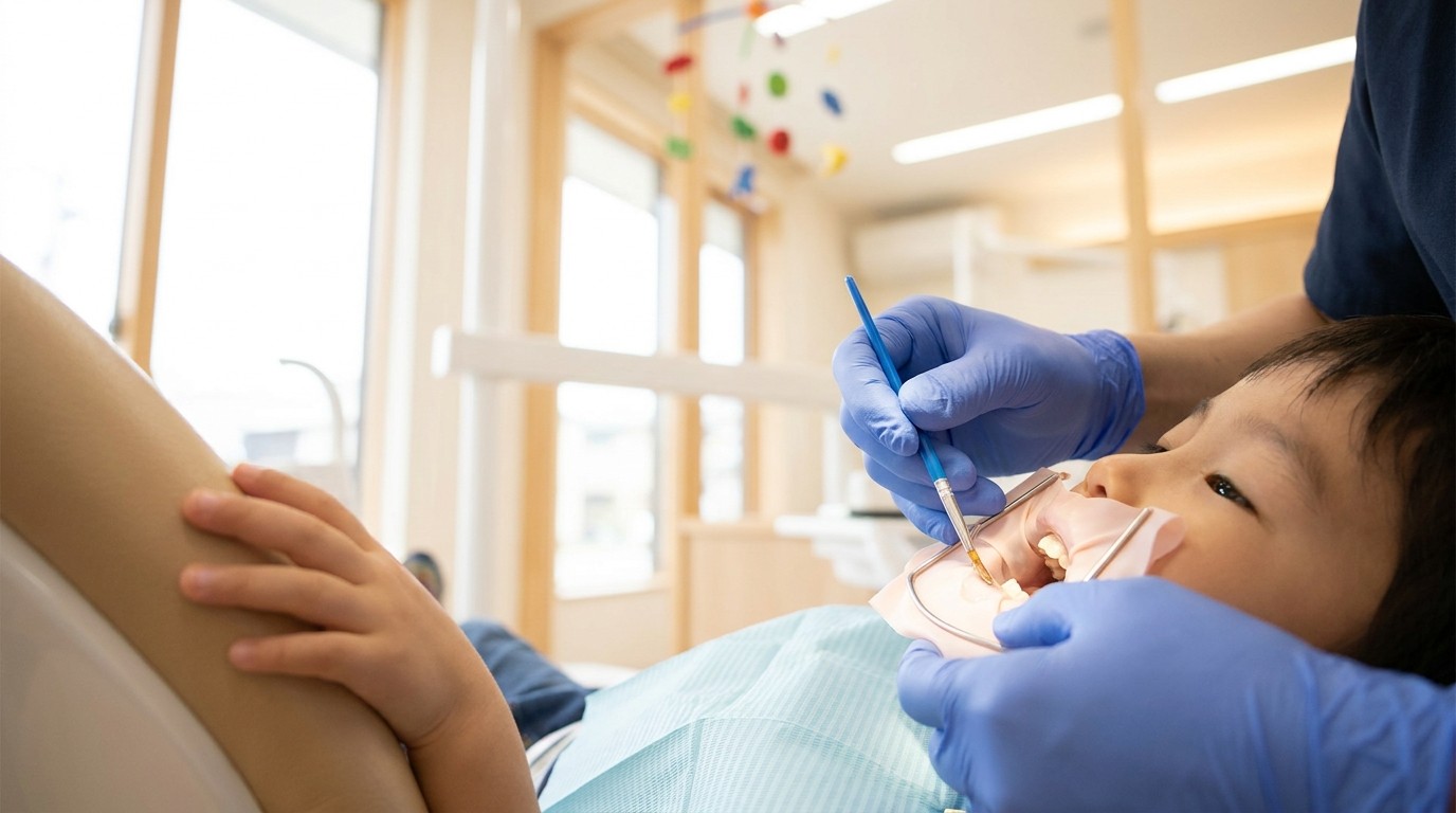 A dentist applying a protective sealant to a child's back tooth to prevent cavities.